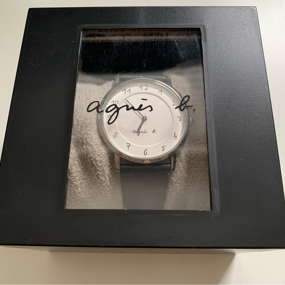 Agnès b. Classic silver metal with black leather strap Wristwatch - Picture 6 of 6